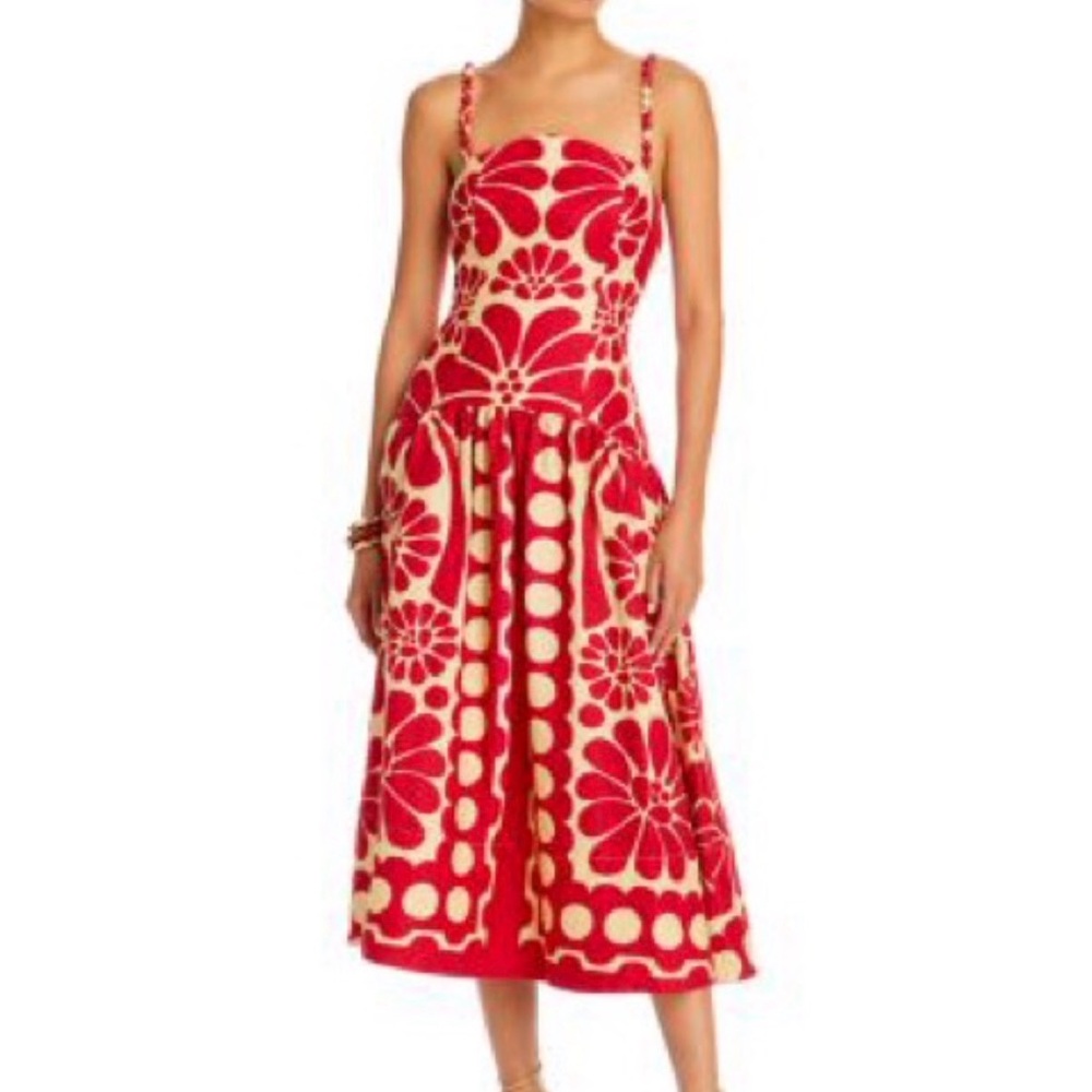 FARM Rio Palermo Red and Cream Floral Midi Dress